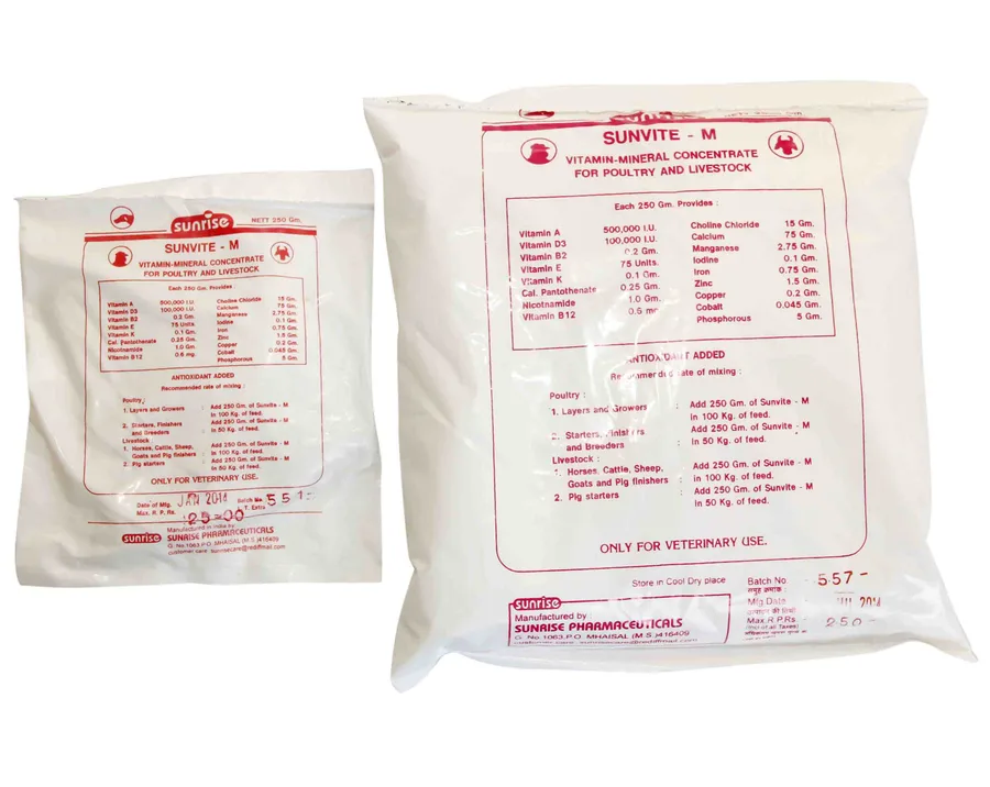 Sunvite – M Powder — Vitamin Mineral Concentrate for Poultry and Livestock containing Vitamin A, D3, B2, E, K, B12, Calcium Pentothenate, Nicotnamide, Choline Chloride, Calcium, Manganese, Iodine, Iron, Zinc, Copper, Cobalt, Phosphorus pack shot